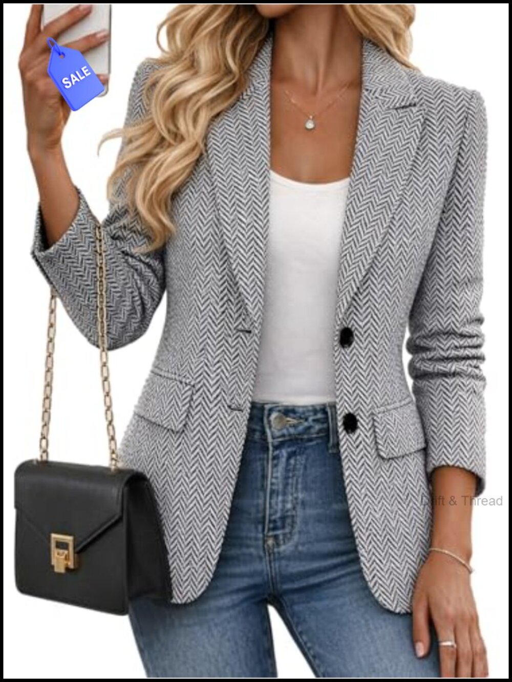 Herringbone Tweed Blazer Business Casual Loose Fit Notch Collar